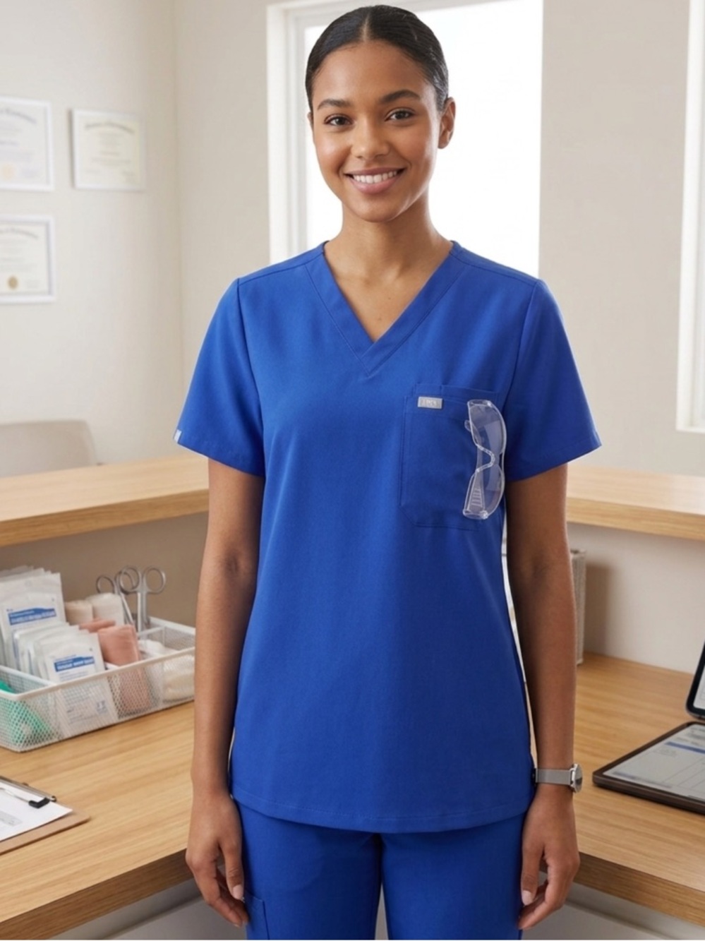 Figs Technical Collection V-Neck Scrub Top in Cobalt Blue